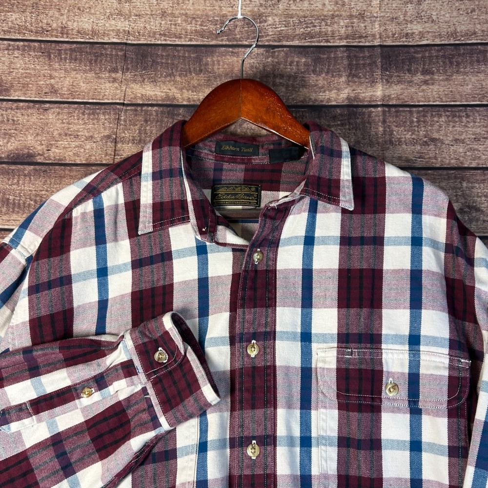 Eddie Bauer Mens Large Elkhorn Twill Plaid Button Down Shirt Heavyweight